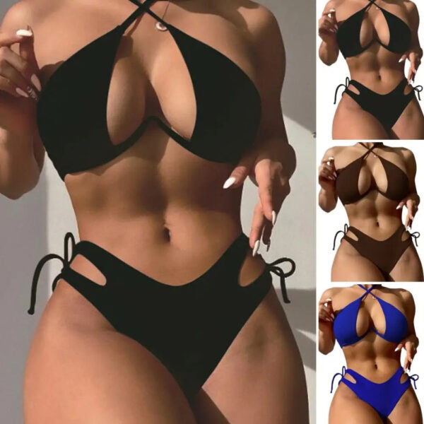Solid Color Halter Bikini Set with High-Waist Briefs - Image 3
