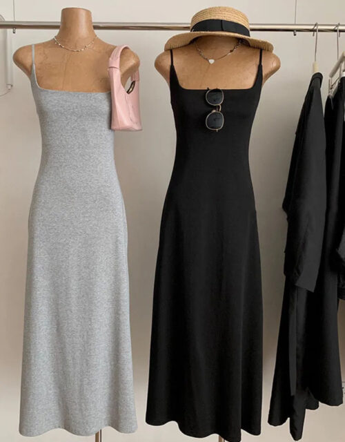 Women Sleeveless Spaghetti Strap Dress Solid Color