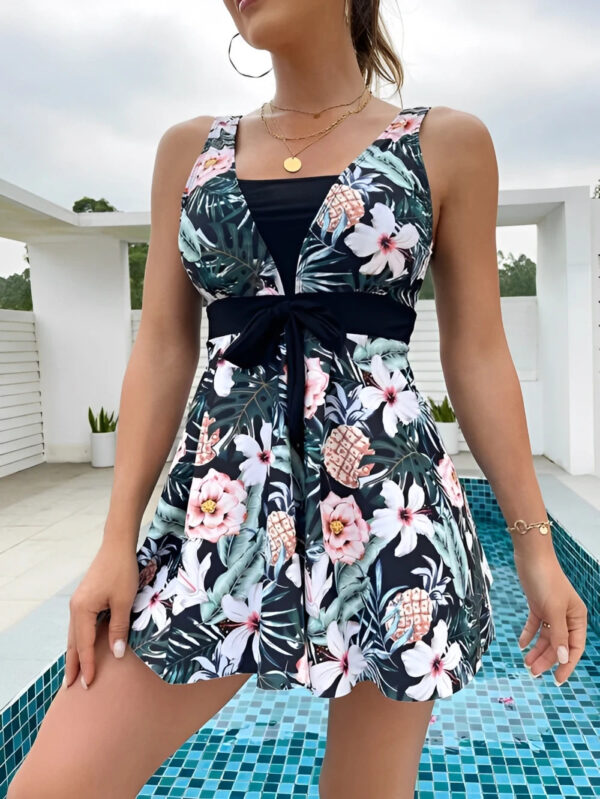 Tropical Print Knot Front One-Piece Swimsuit - Image 2