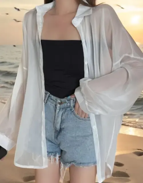 Women's Swimwear Cover-Up | Long Sleeve Blouse Top | Fashionable Beachwear