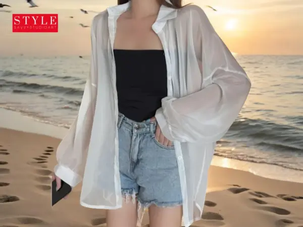 Women's Swimwear Cover-Up | Long Sleeve Blouse Top | Fashionable Beachwear