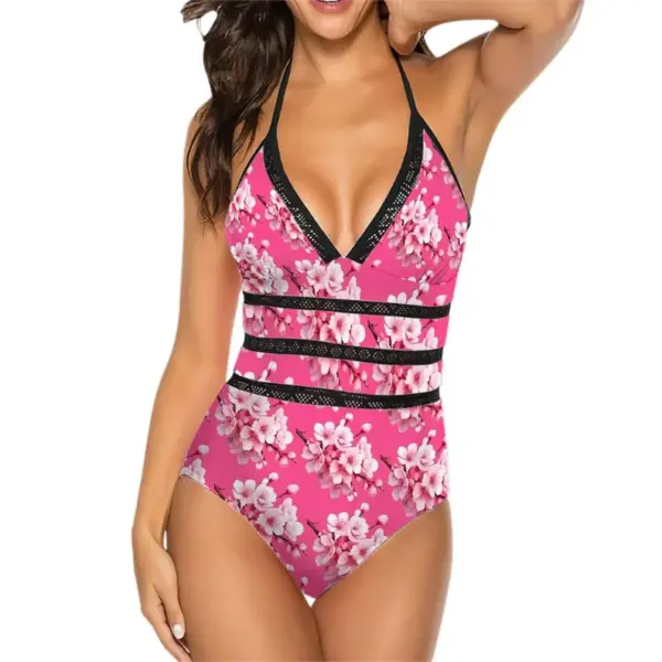 Cherry Blossom Dream Halter One-Piece Swimsuit with Lace Border - Women's Elegant Beachwear