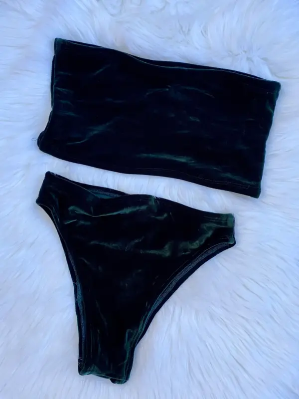 Hunter green velvet set, bikini set, swimwear, festival fashion, bandeau top, 2 piece set, high cut bottoms, velvet bikini, costume, gift