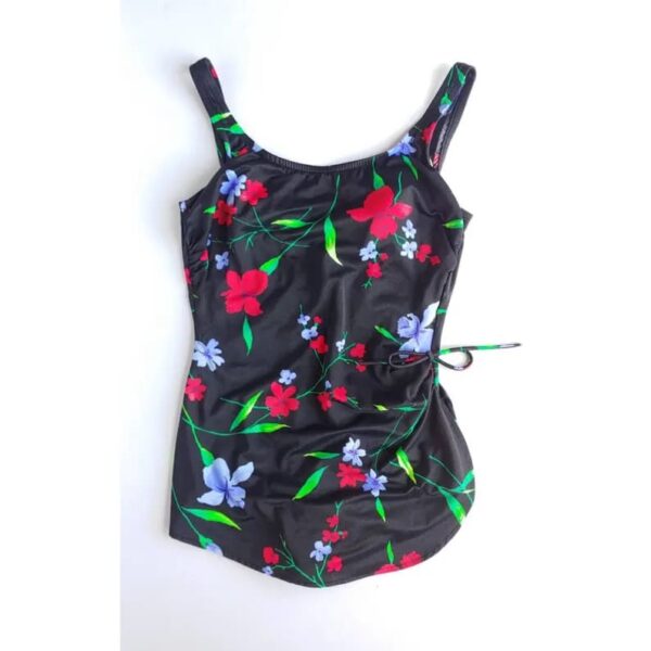 Vintage 90s Black Tropical Floral Print Tie Ruched Waist One Piece Pin up Style Swimsuit Bathing Suit Large - Image 2