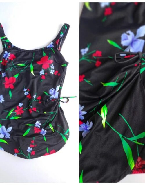 Vintage 90s Black Tropical Floral Print Tie Ruched Waist One Piece Pin up Style Swimsuit Bathing Suit Large