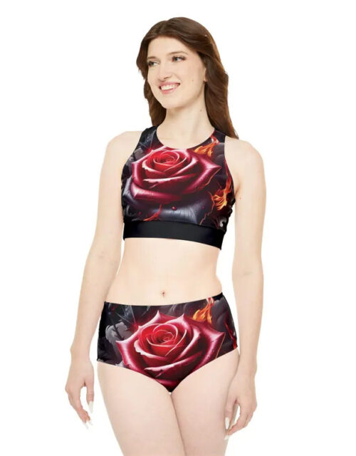 Flaming red rose Sporty Bikini Set (AOP)
