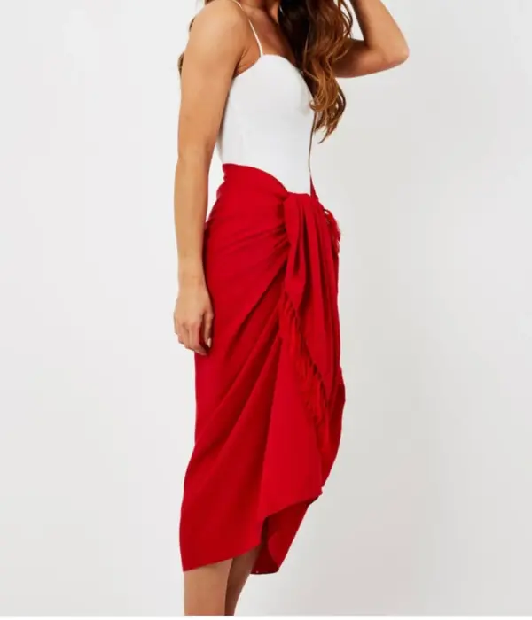 Red Fringed Beach Pareo Sarong - Image 2