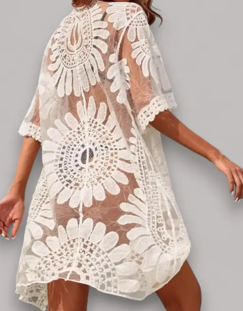 White Lace Beach Cover Up | Floral Sheer Cardigan for Swimwear | Summer Bathing Suit Coverup | Boho Beachwear for Women