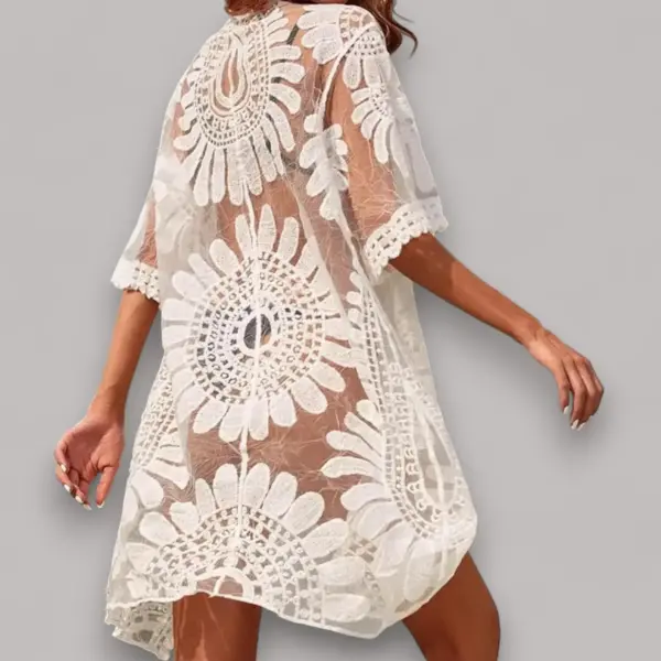 White Lace Beach Cover Up | Floral Sheer Cardigan for Swimwear | Summer Bathing Suit Coverup | Boho Beachwear for Women